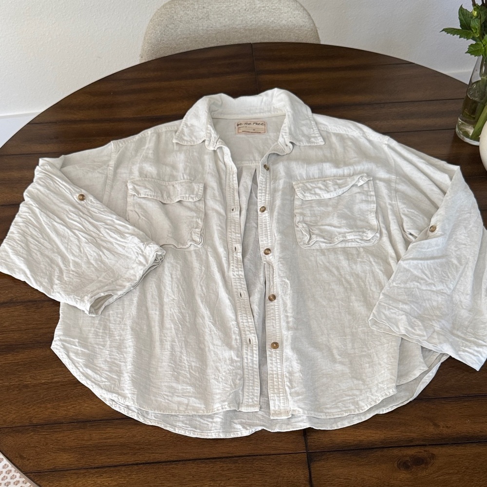 Free People Cream Casual Button Down Shirt